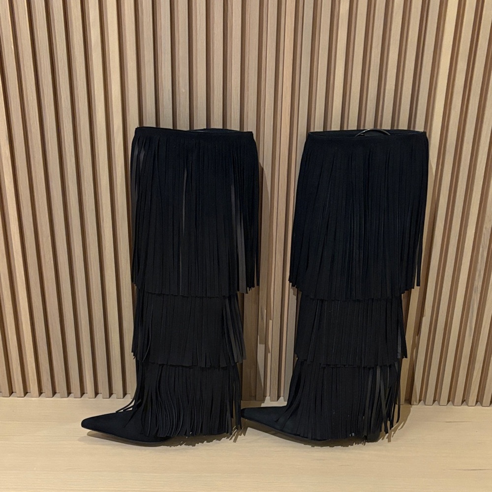 Zara Black Tiered Fringe Heeled Boots